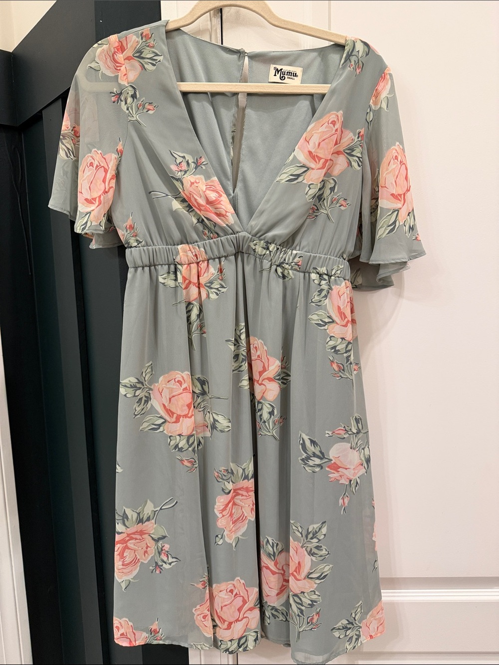 Show Me Your MuMu Sage Green Mini Dress with Pink Rose Print